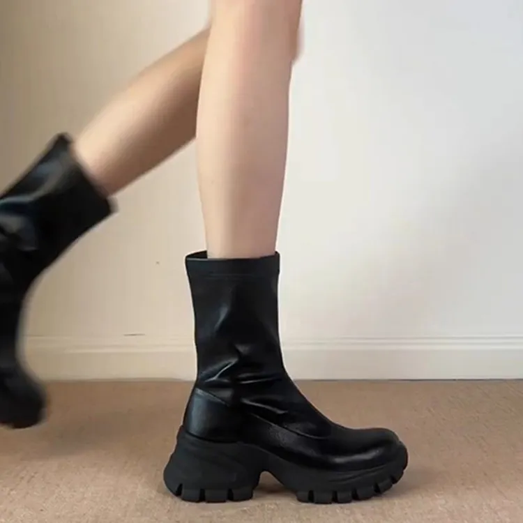 羊皮版~小个子厚底增高圆头弹力瘦瘦靴女黑色百搭短靴马丁靴