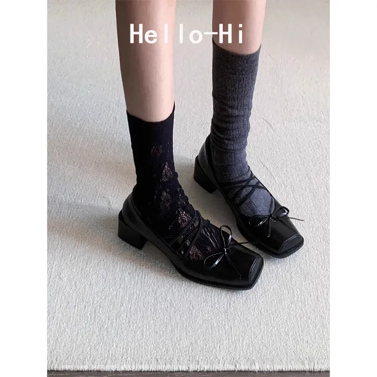 羊皮版~气质蝴蝶结方头芭蕾舞鞋交叉带粗跟玛丽珍鞋通勤浅口单鞋