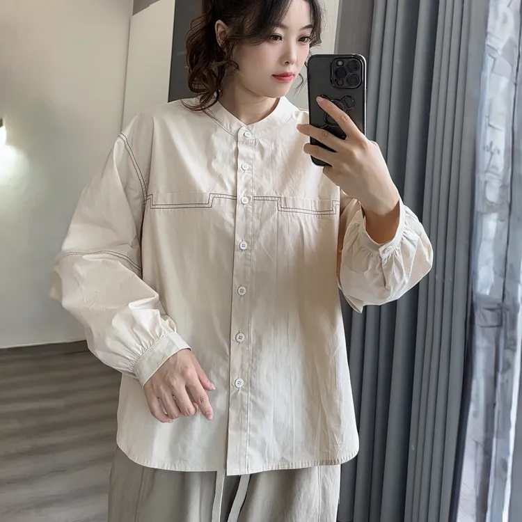 1505圆领泡泡袖长袖衬衫女秋季新款高级感宽松显瘦气质别致上衣