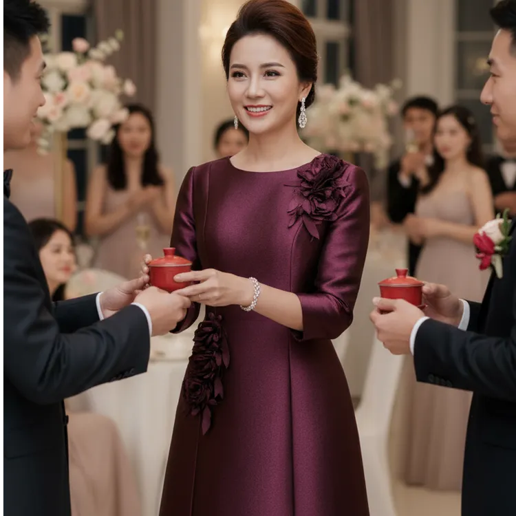 如翡2025秋冬新款高贵酒红立体花喜妈妈婚宴礼服七分袖优雅A字裙
