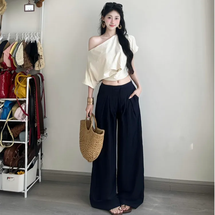 韩系纯欲休闲百搭设计感露肩短袖T恤设计感独特绝美好看上衣女装