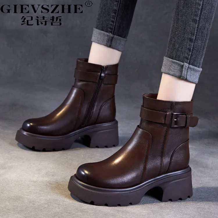纪诗哲女靴厚底真皮马丁靴女秋冬新款时尚复古百搭英伦风加绒靴子