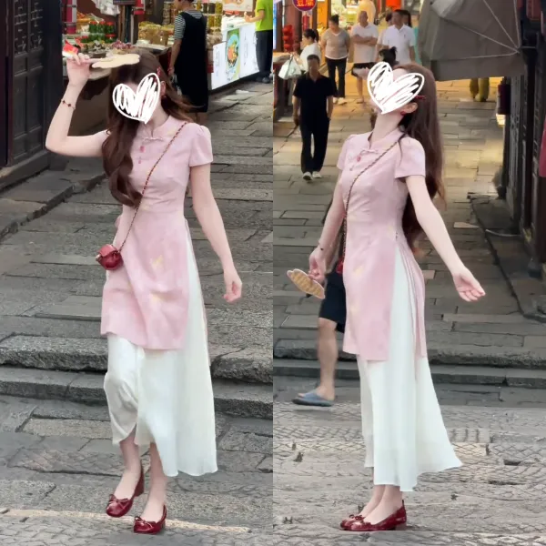 新中式改良假两件旗袍连衣裙女2025夏季新款高级感蜻蜓印花长裙子