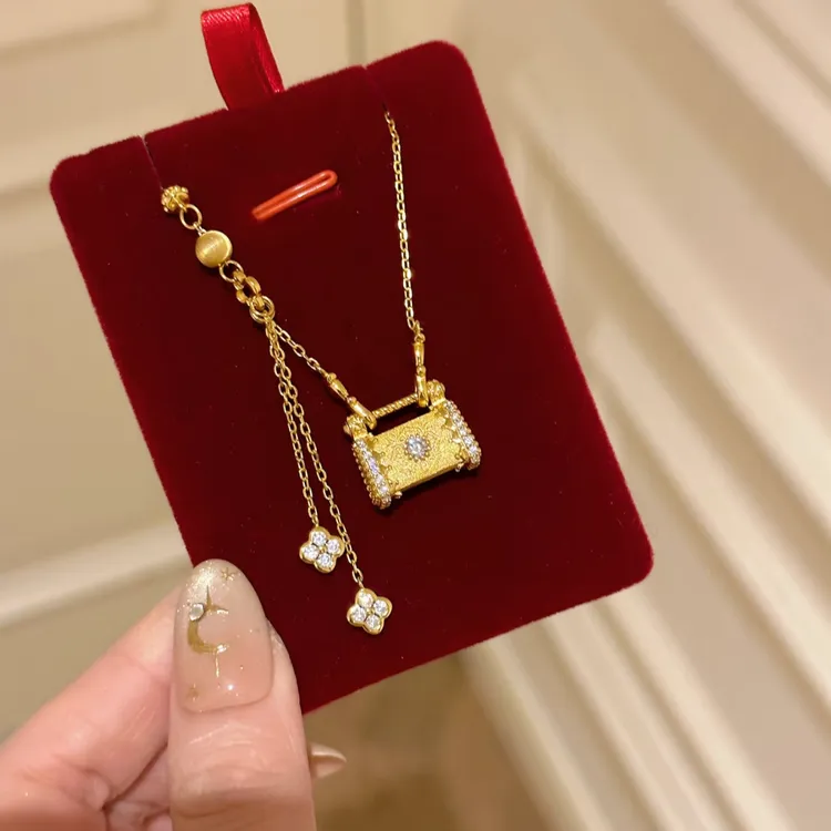 铜合金项链 四叶花锁包项链中古风新中式平安锁颈链锁骨链