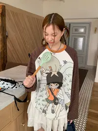 番茄园  美好家手绘亚比女孩条纹波点插肩袖长袖
