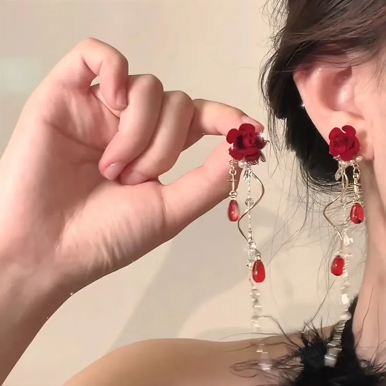 合金布艺耳饰 红丝绒玫瑰花朵耳环超仙流苏银针蚊香盘无耳洞耳夹