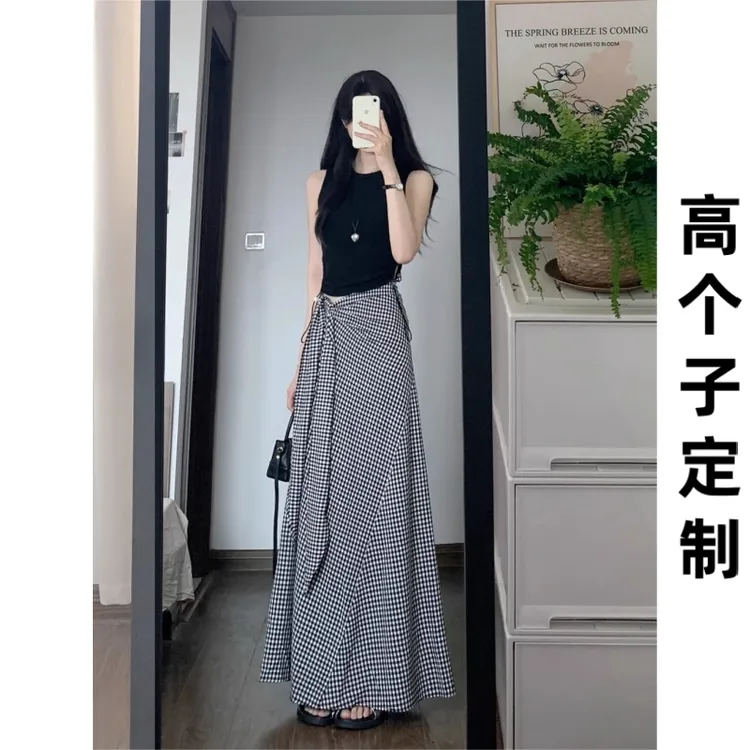 180高个子175加长黑色格纹半身裙女夏季新款小众设计感系带拖地裙