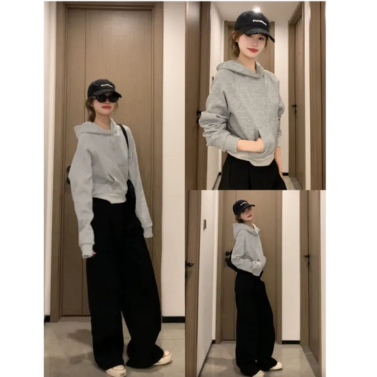 显瘦灰色短款连帽卫衣女款爆款2025新款秋季修身宽松长袖套头上衣