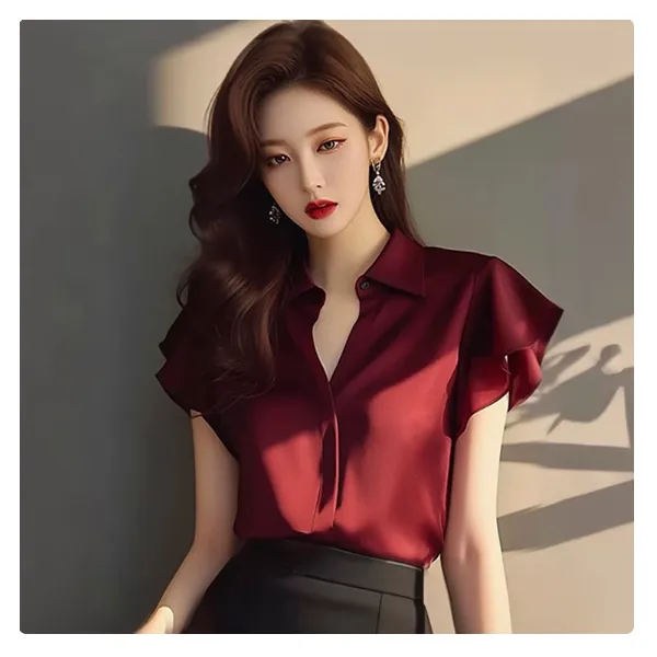 夏季洋气小衫轻熟法式小众绝美轻奢高级感醋酸缎面酒红色短袖衬衫