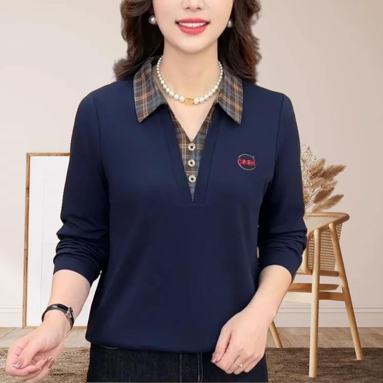 洋气减龄翻领假两件长袖上衣女秋季新款气质百搭宽松显瘦休闲小衫
