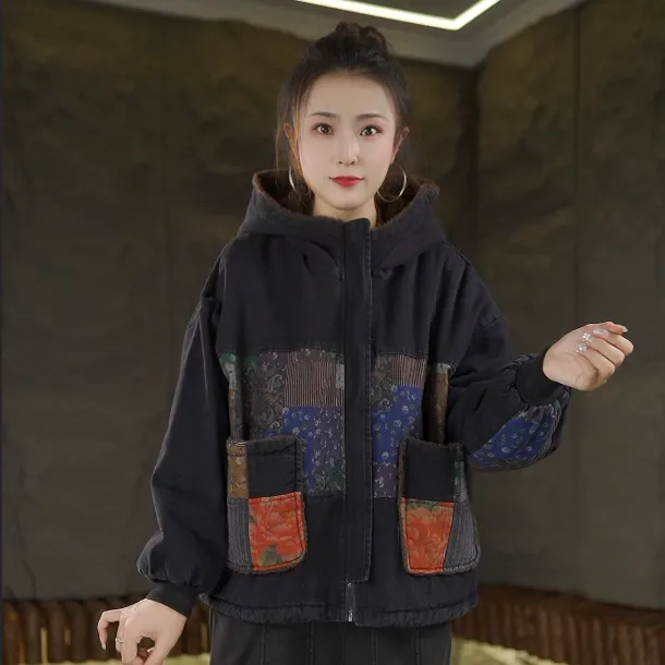 秋冬新款加绒加厚时尚复古连帽棉衣棉服拼色韩版牛仔外套2650