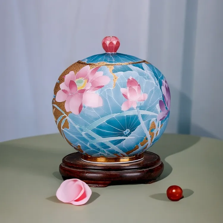 釉下彩鎏金手绘陶瓷茶叶罐密封罐茶饼普洱大号存茶罐茶缸家居摆件