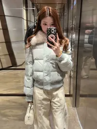 韩系蓝色毛领短款羽绒服女2025年冬季新款宽松小个子保暖加厚外套