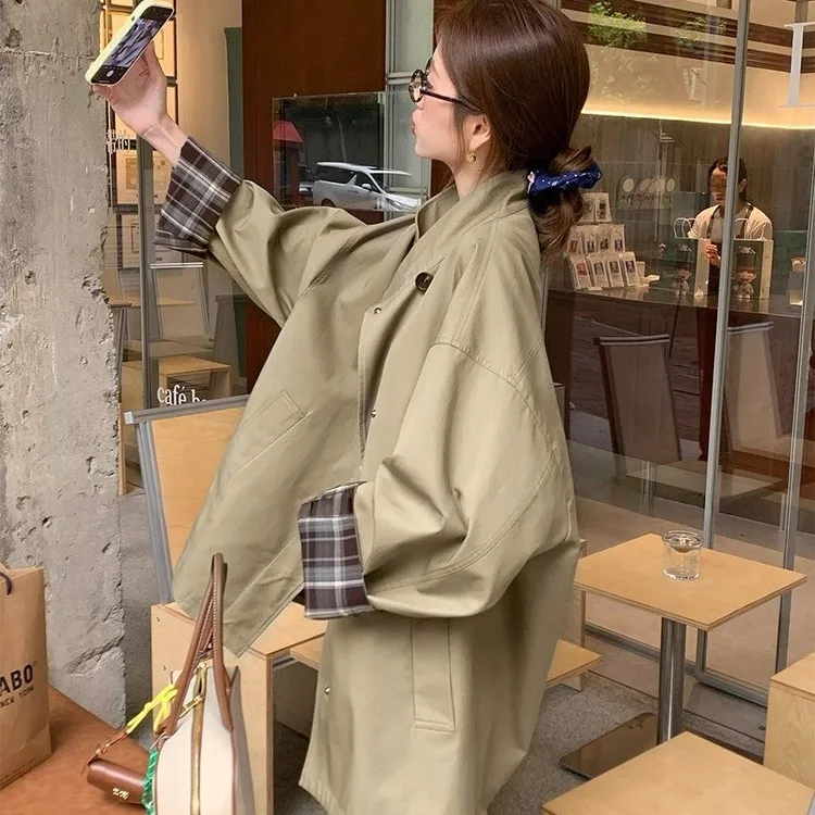 【现货+运费险】高级撞色中长款风衣外套廓形显瘦英伦风大衣JD225