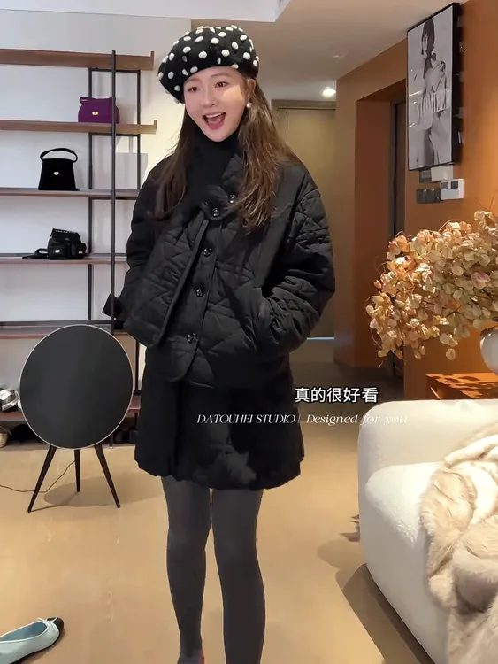 韩版洋气黑色菱格围脖领棉服外套女2025冬季保暖高腰棉短裙两件套