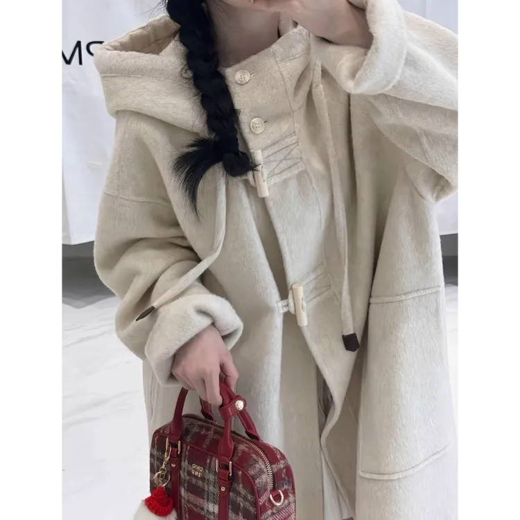 【北岛雪山】秋冬款宽松立领连帽抽绳中长款双面羊毛呢外套大衣女
