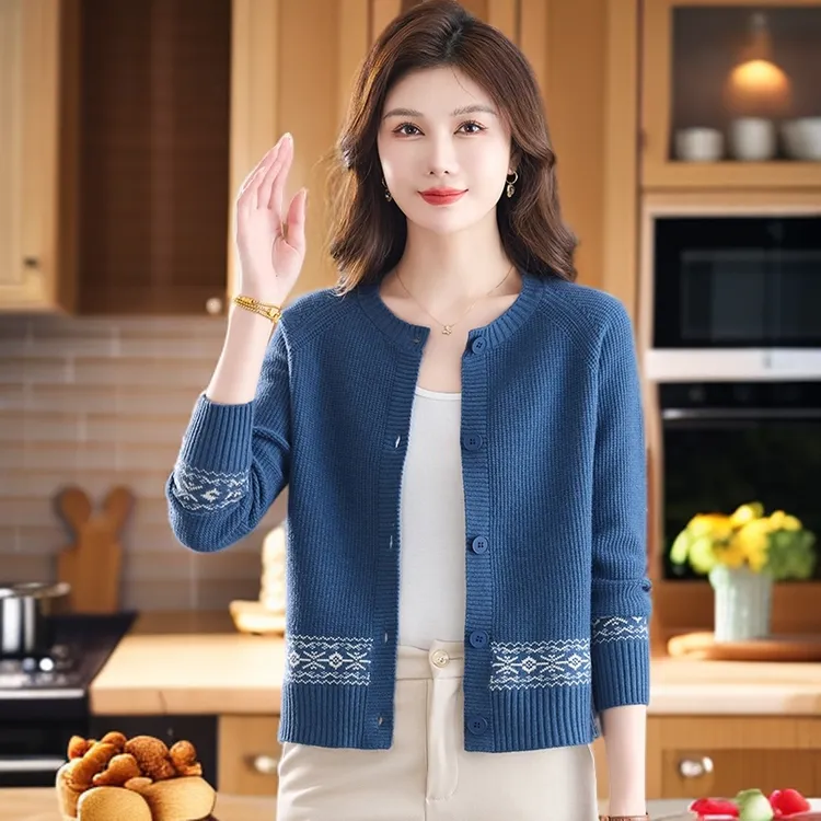 洋气妈妈秋装毛衣外套宽松大码女装2025新款时尚提花针织开衫显瘦