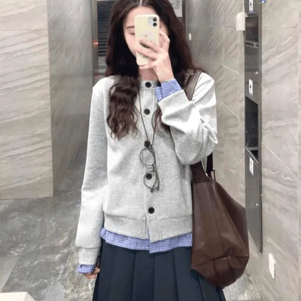 原野的空间假两件格子开衫卫衣女春秋款休闲宽松长袖上衣外套女