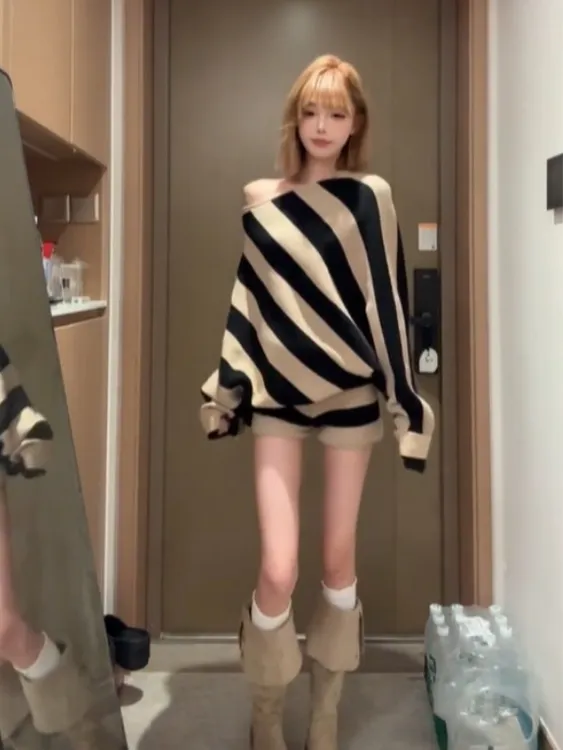 复古慵懒风时尚条纹上衣针织短裤两件套装气质一整套ootd穿搭25秋