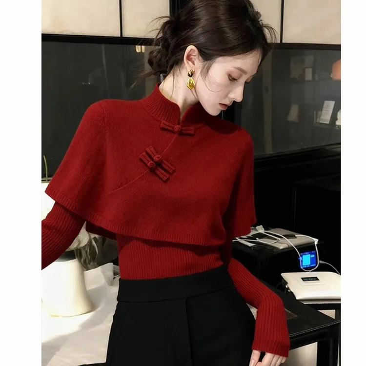 好看新中式穿搭2025冬季高级感斗篷盘扣独特设计感气质针织毛衣女