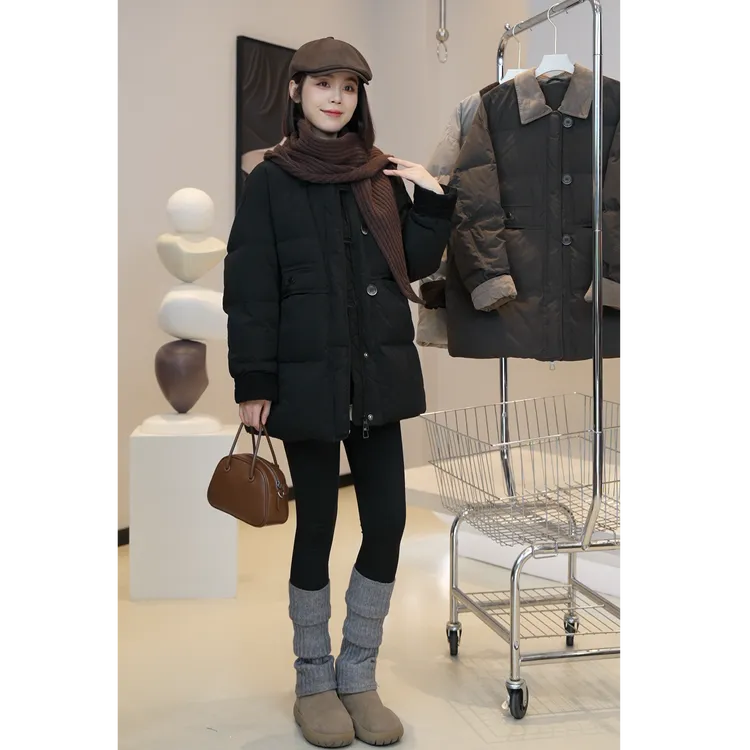 少量现货【芜阅】冬季款百搭撞色欧棉绒拼接单排扣白鸭绒羽绒服E617