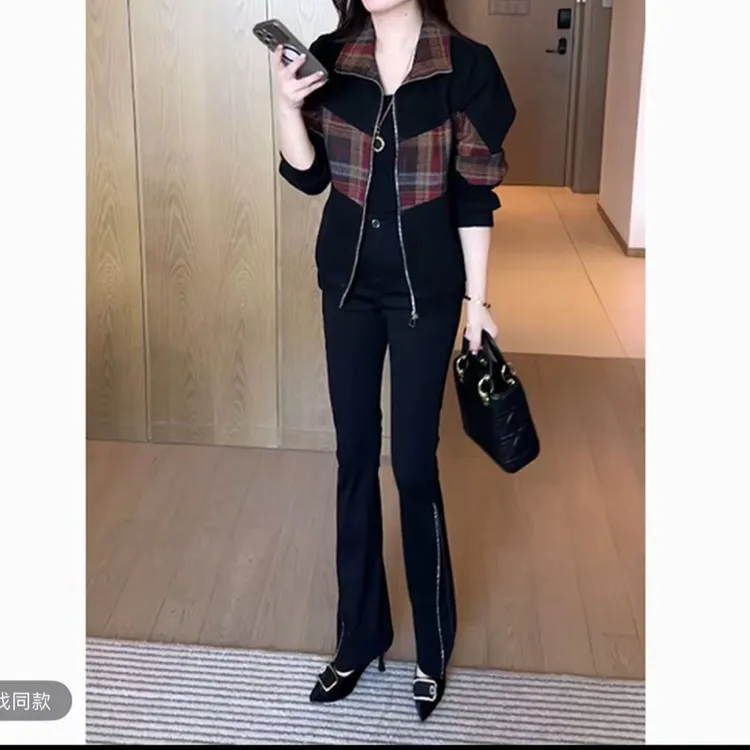 新款休闲显瘦时尚气质洋气碎花拉链拼接长袖短外套