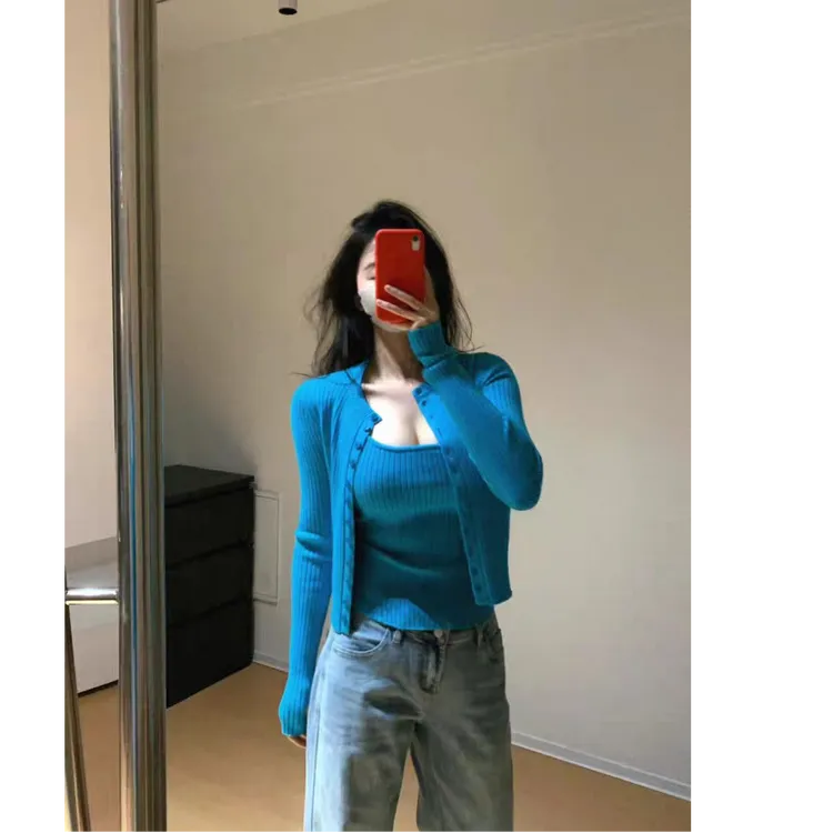 韩系纯欲辣妹针织吊带开衫两件套女春季2025新款百搭修身显瘦上衣