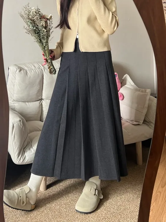 灰色毛呢半身裙女秋冬大码胖mm遮肚显瘦中长款高级感a字百褶裙子
