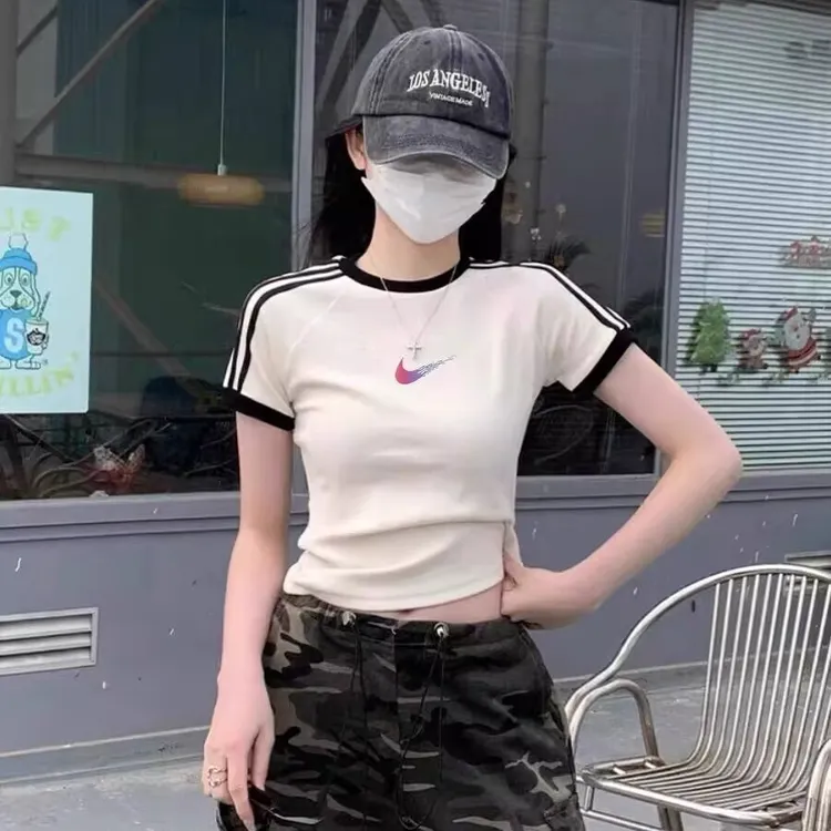 奥特莱斯潮牌短袖T恤女高腰修身弹力打底衫夏季潮牌短款瑜伽半袖