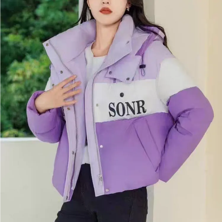 品牌断码时尚早春短款紫色撞色连帽鸭绒棉衣棉服防寒服保暖外套女