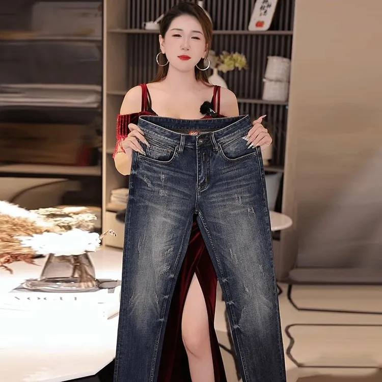 2025秋冬新款轻奢刮烂做旧牛仔裤男士修身弹力小直筒美式复古长裤