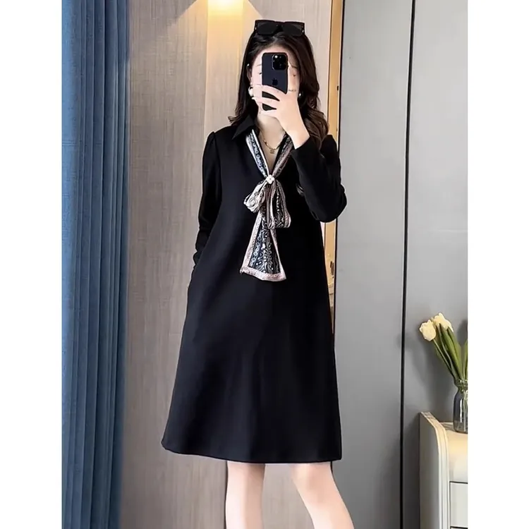 大码宽松时尚中长裙子胖MM春秋新品遮肉显瘦百搭打底赫本连衣裙女