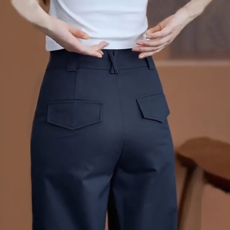 藏青色天丝棉秋季窄版阔腿裤女2025夏季新款西装裤高腰直筒休闲裤