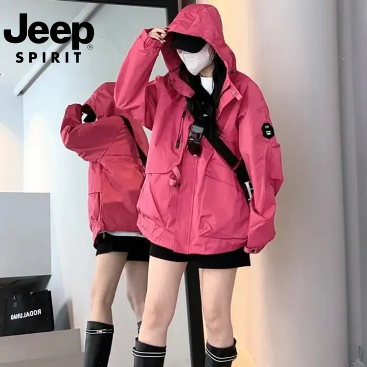JEEP春季休闲户外旅行防风连帽开衫外套冲锋夹克女情侣款上衣外套