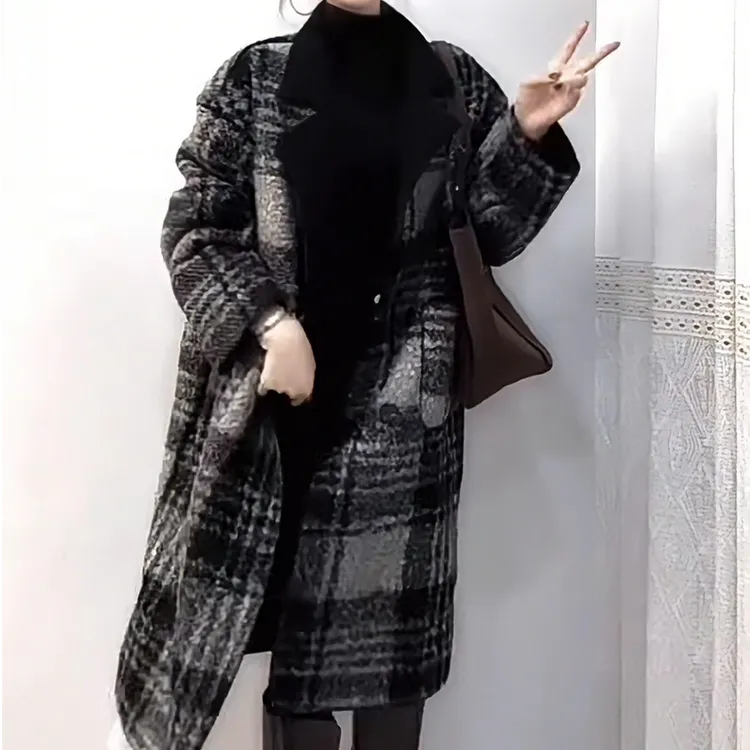 复古格子中长款毛呢风衣外套女冬新品高级感气质通勤加绒呢子大衣