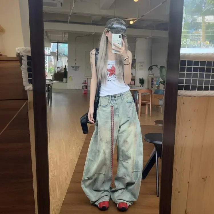 【现货+运费险+送挂绳】美式复古脏染做旧牛仔裤女宽松弯刀阔腿裤