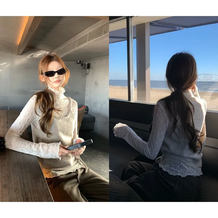  小浪漫' 蕾丝打底衫+针织系带吊带两件套L2441+L2442          