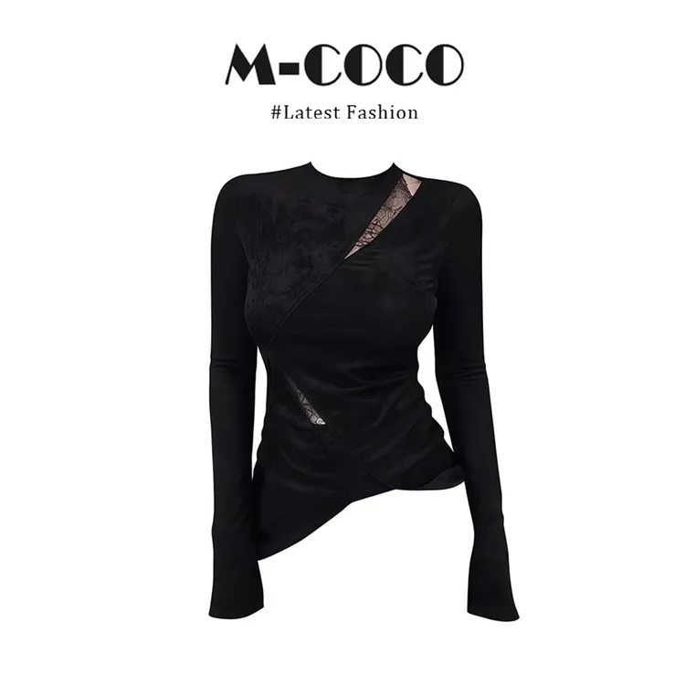 MARIE.COCO黑色拼接不规则蕾丝T恤女秋冬圆领套头显瘦气质上衣女