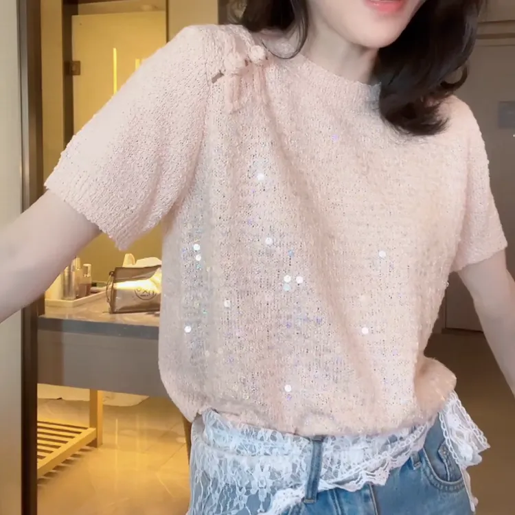 2025春季新款韩版设计感百搭气质亮片短袖LK2501383