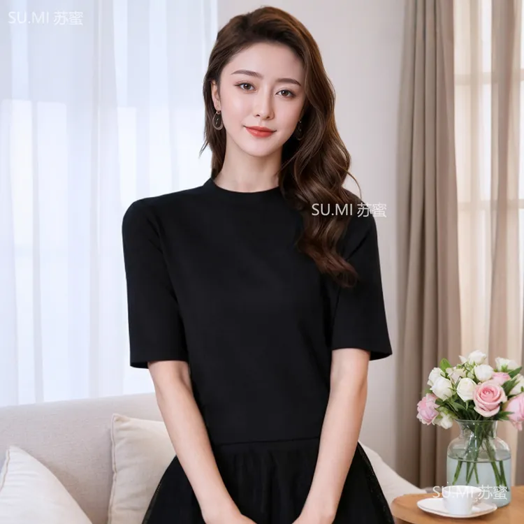 2025早秋新款ins五分袖圆领冰氧棉时尚百搭上衣女纯色中袖显瘦T恤