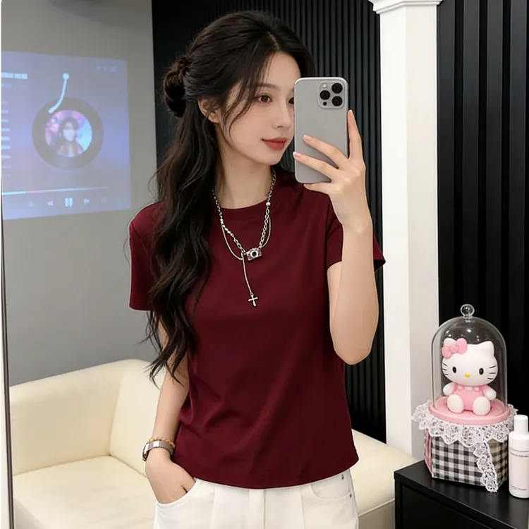 FUG TIL【重磅轻氧棉】纯色短袖圆领修身显瘦百搭打底衫T恤女上衣