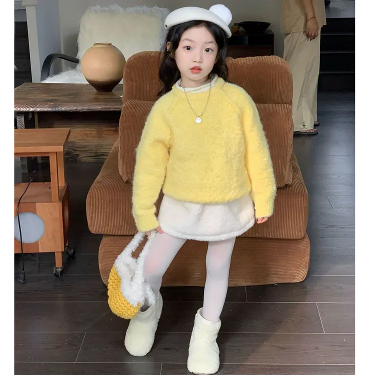 女童洋气黄色毛衣套装25冬中小童加厚毛线上衣毛绒短裙小女孩套装