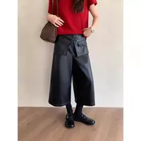 2282#叠穿设计感假两件七分皮裤女复古直筒阔腿