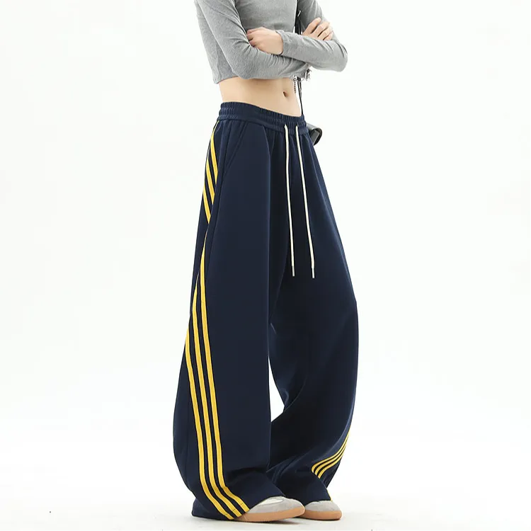 美式复古三条杠运动裤男款秋季宽松垂感卫裤撞色大码潮流休闲裤子