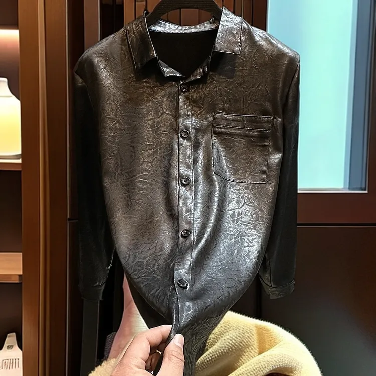 2025春季新款男士休闲百搭衬衫黑色亮面翻领长袖设计师