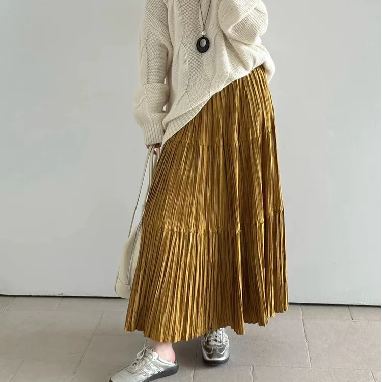 法式优雅流光褶皱半身裙女2025早秋新款气质百褶裙松紧腰a字长裙