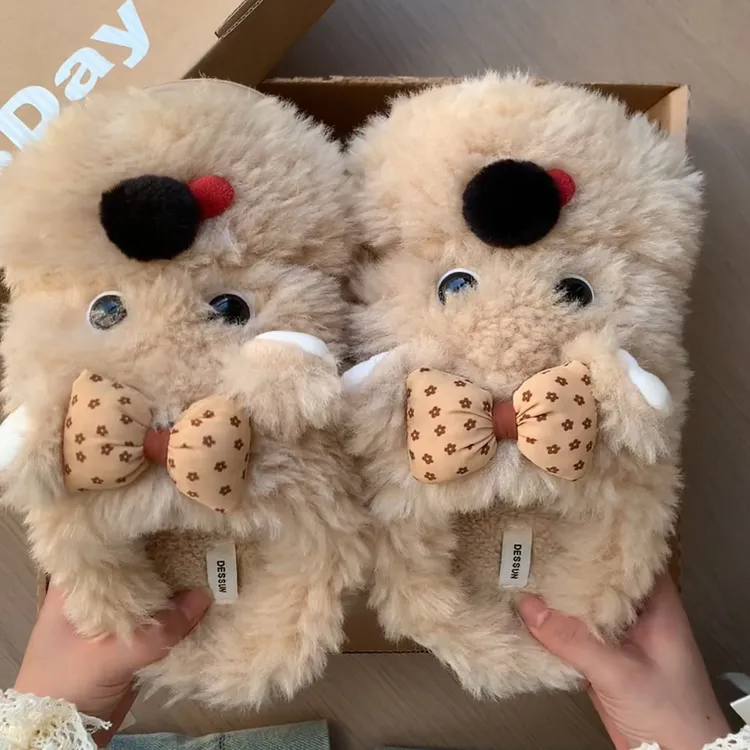 可爱蝴蝶结小狗包头棉拖女2025秋冬新款防滑外穿厚底保暖毛毛拖鞋