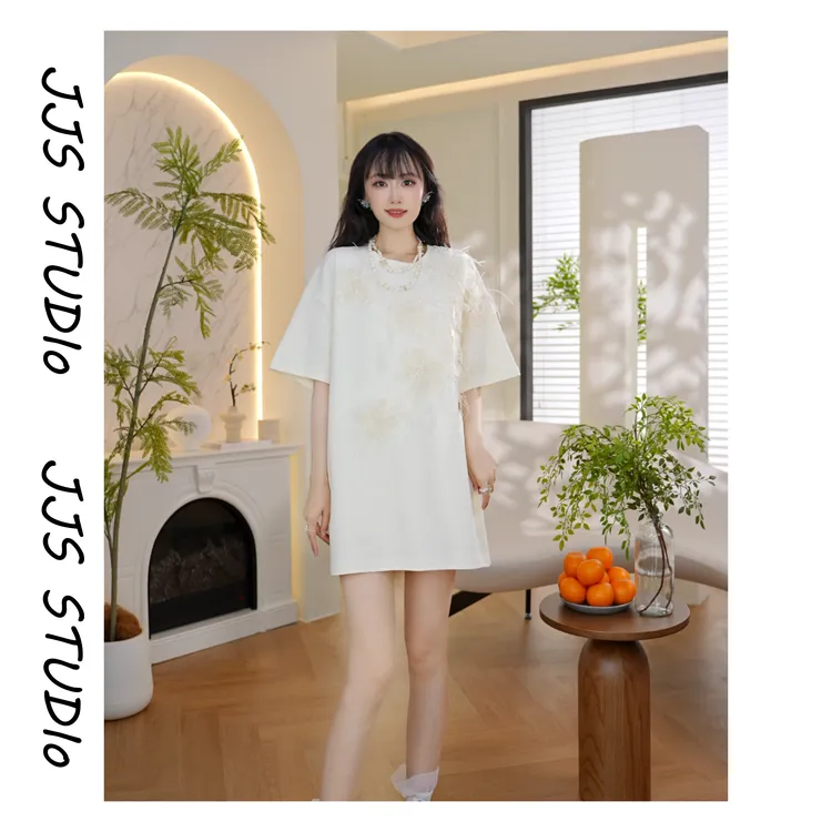 5061334『黄昏花廊』2025夏季简约中长款宽松小众设计师短袖T裙