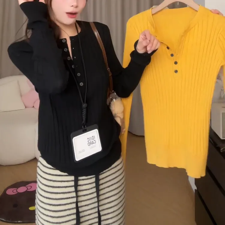 2026新款套头针织衫秋冬半开扣宽松百搭打底上衣女LK2509356