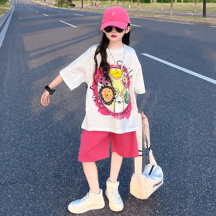纯棉女童夏季短袖套装2025新款女大童夏装洋气儿童运动两件套